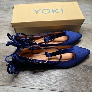 Yoki Urban 140 Navy Velvet Lace-up Flat Ballet Loafer Shoes Mary Jane's